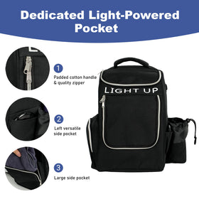X-UFO Disc Golf Backpack vertical charging slot enables hands-free use