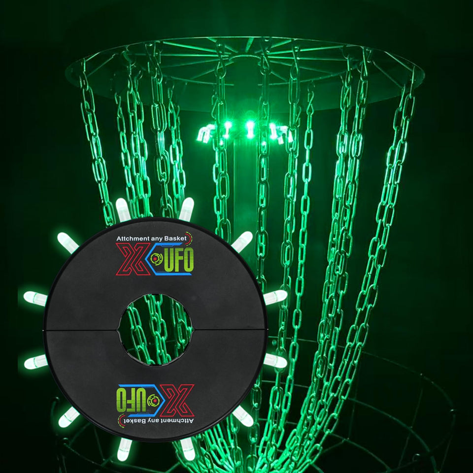 X-UFO Disc Golf Basket Frame Light Setup enhances score visibility at night