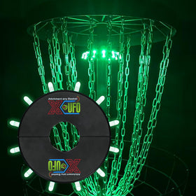 X-UFO disc golf basket light with green indicator for ready puts, day or night.