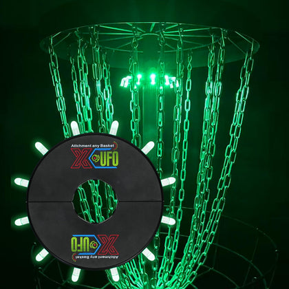X-UFO disc golf basket light with green indicator for ready puts, day or night.