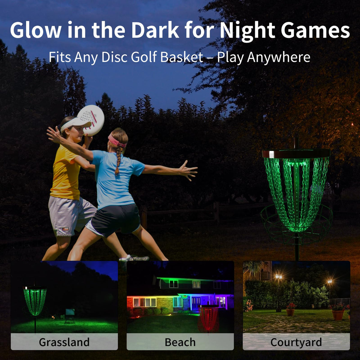 X-UFO Disc Golf Basket Sensor Light in use on a course at dusk.