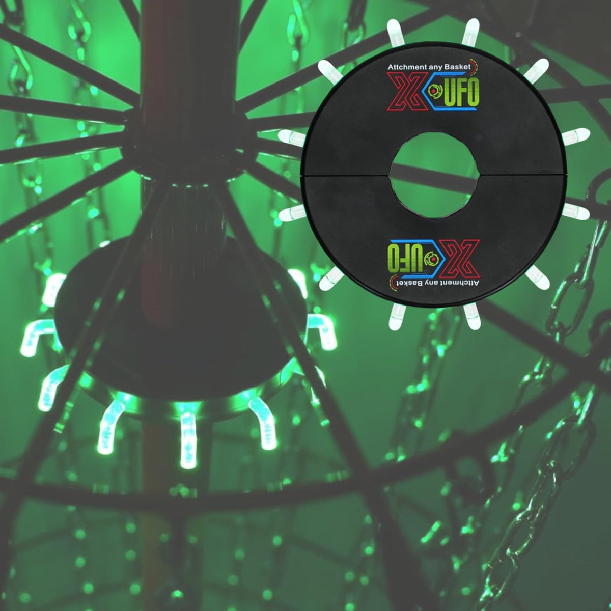 X-UFO Disc Golf Basket Sensor Light enhances night visibility on a metal basket.