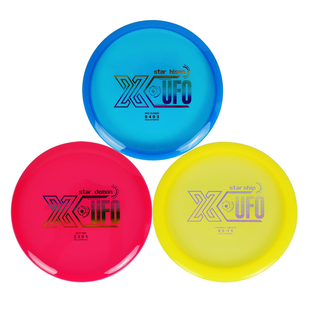 X-UFO Disc Golf Set driver disc for distance throws on outdoor courses.
