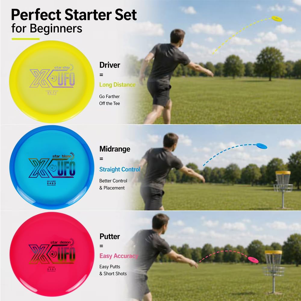 X-UFO Disc Golf Set durable TPU discs for rugged outdoor use.