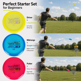 X-UFO Disc Golf Set durable TPU discs for rugged outdoor use.