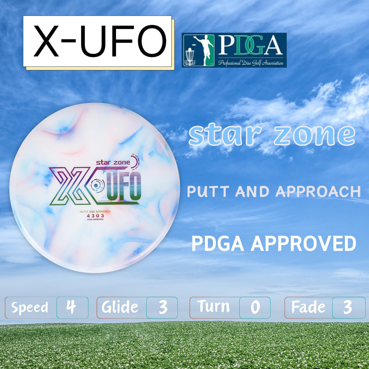 X-UFO Star Zone driver disc in blue-pink-white swirl for stable long-range throws.