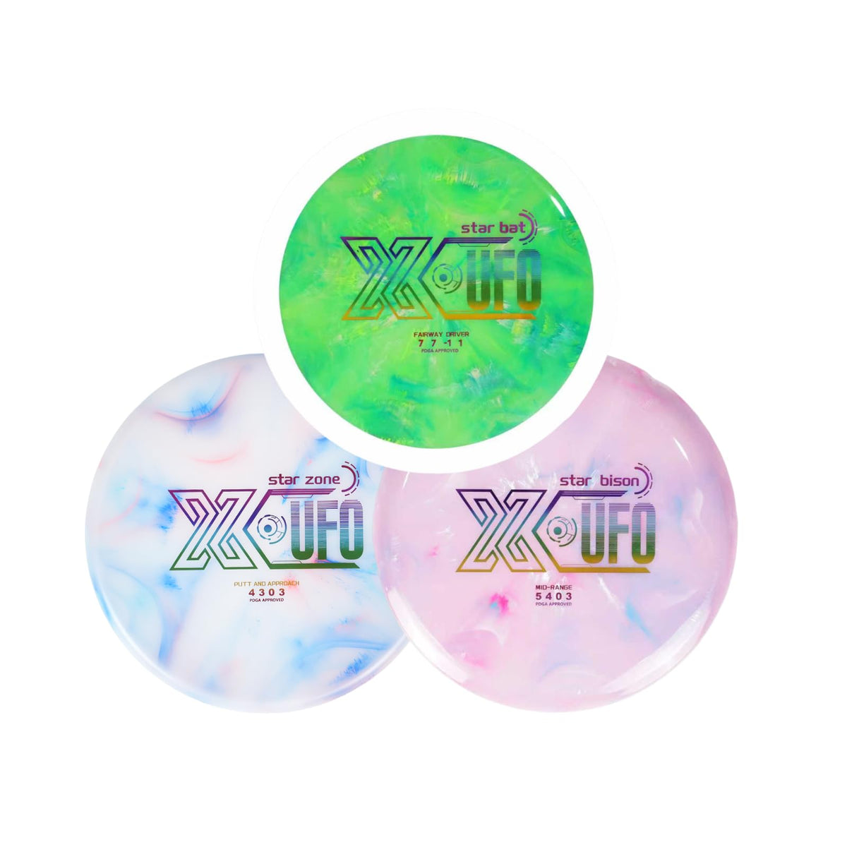 X-UFO Star Zone putter disc with blue-pink-white blend for accurate approach shots.