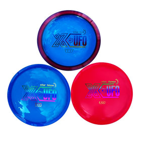 X-UFO Disc Golf Starter Set driver close-up showing ergonomic grip for accurate throws.