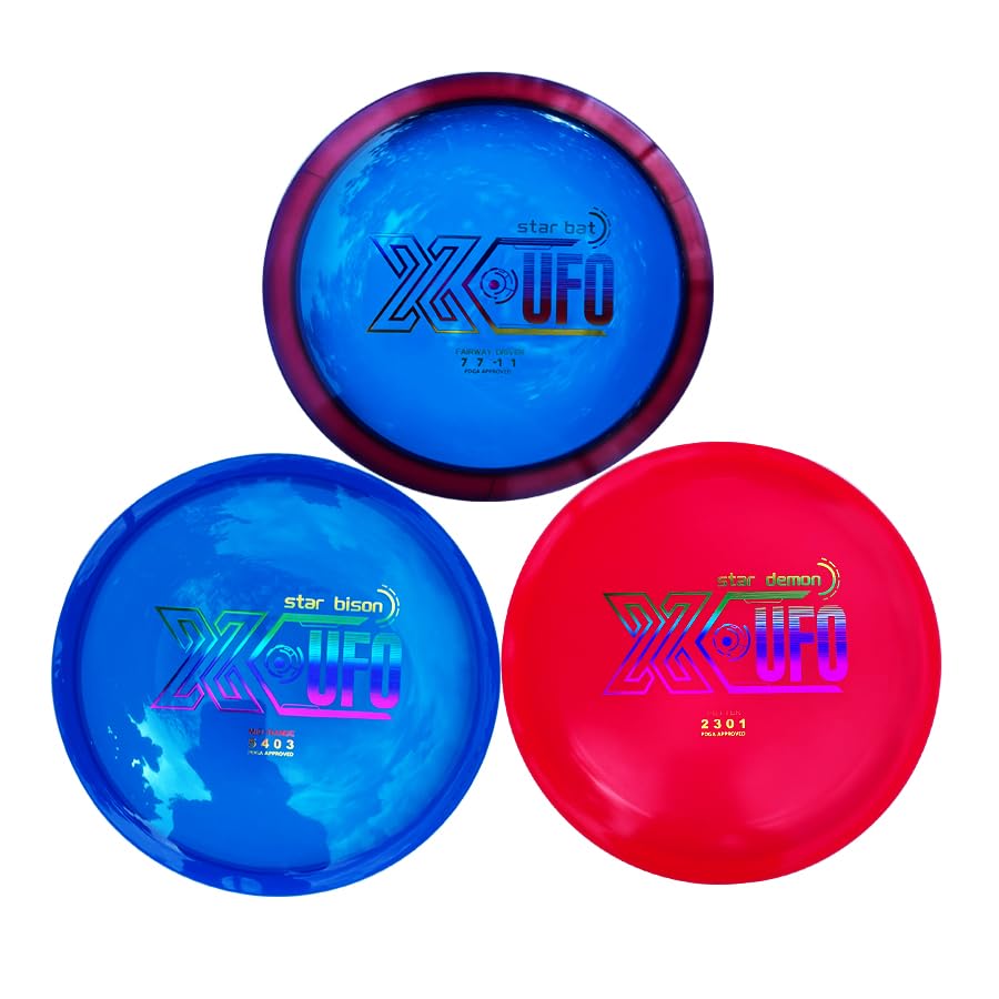 X-UFO Disc Golf Starter Set driver close-up showing ergonomic grip for accurate throws.