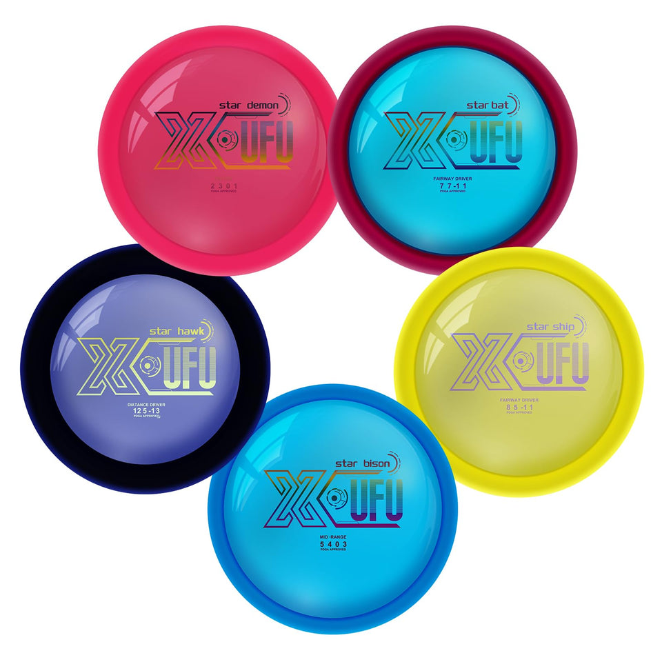 X-UFO disc golf starter set putter — precise grip for controlled releases.