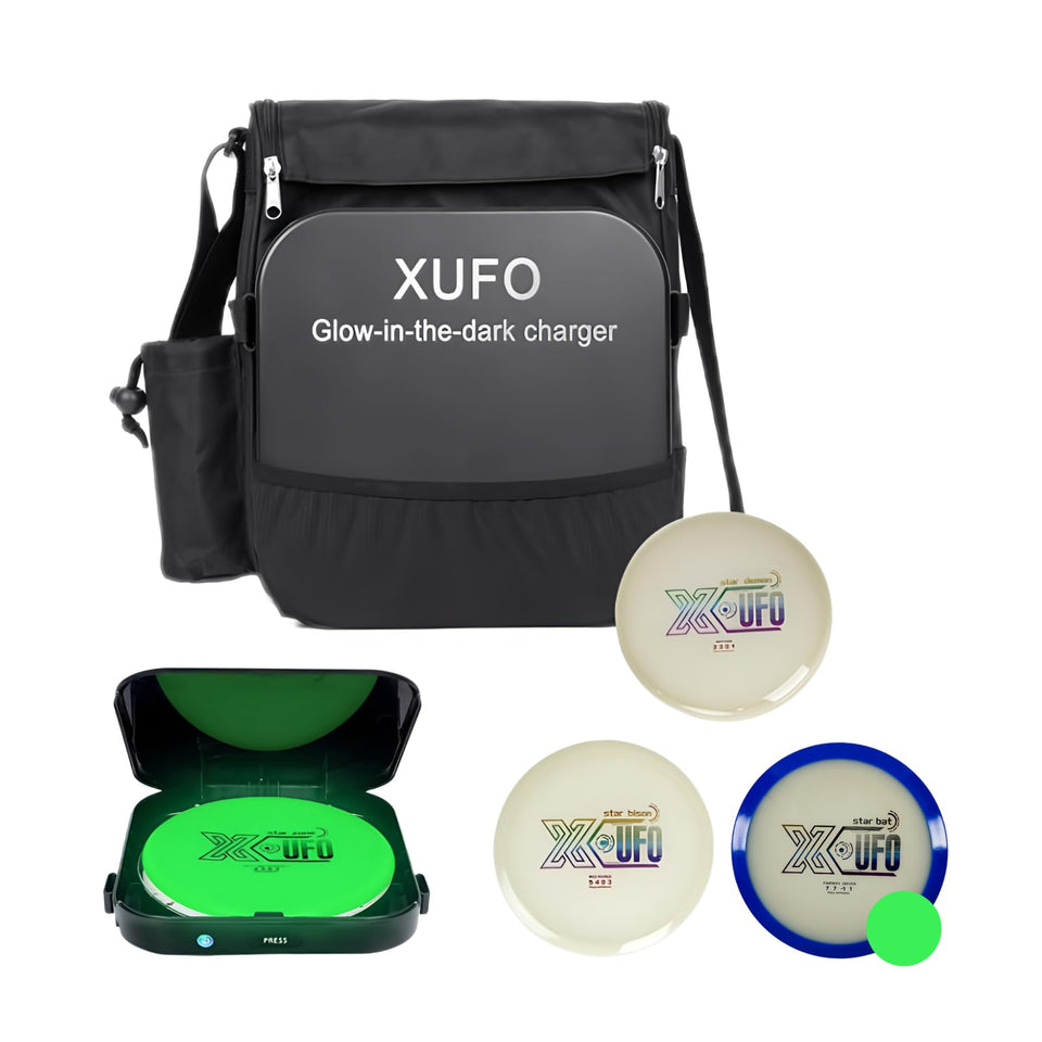 X-UFO glow disc golf bag with water bottle pocket for easy outdoor transport.
