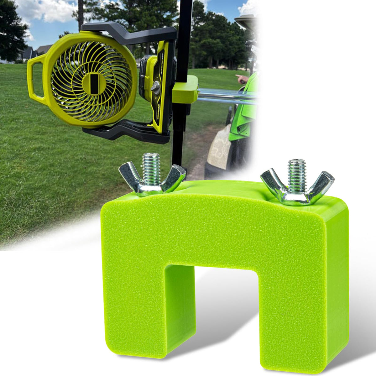Xantheralis golf cart fan mount bracket secures Ryobi PCL811 for wobble-free fit.