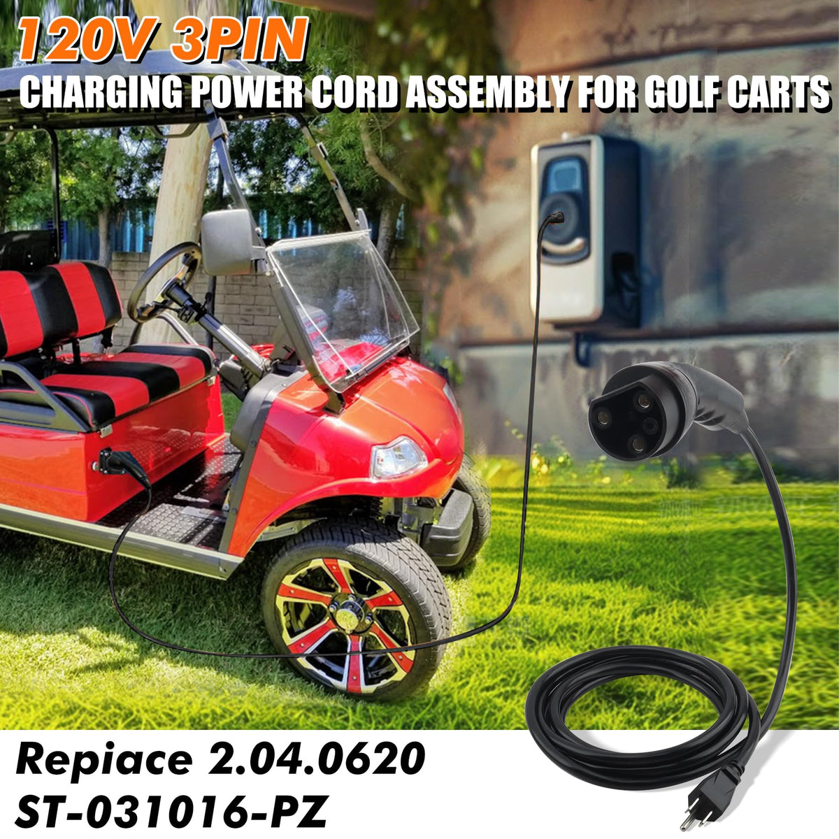 XDFDRF 3-pin design suits standard 120V charging setups for golf carts