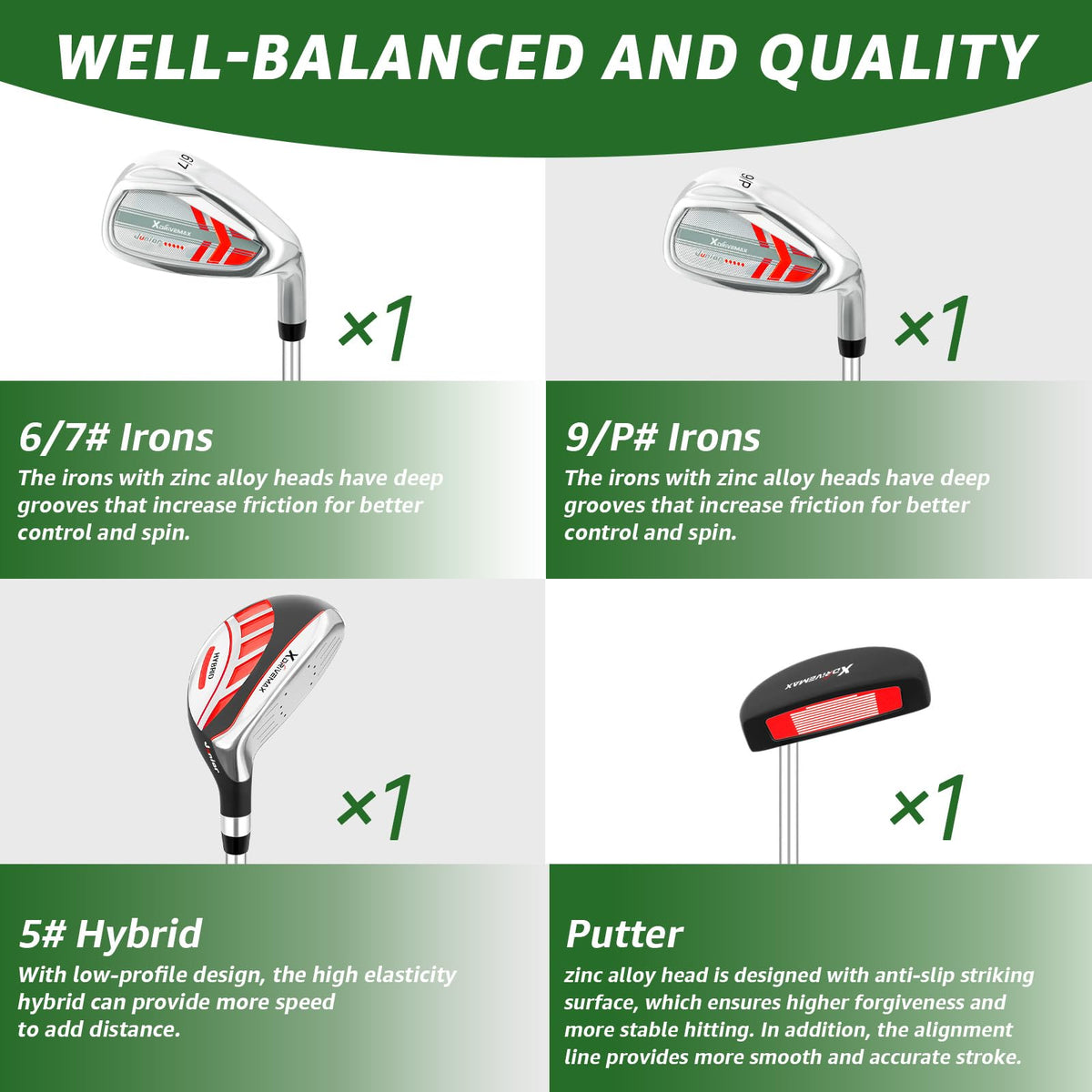 XDriveMax 5# hybrid with headcover promotes forgiving distance and launch.