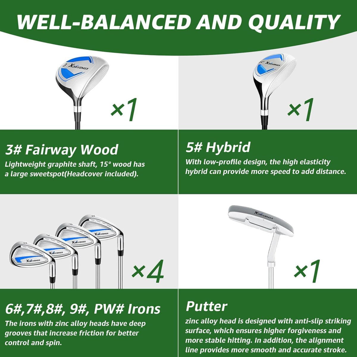 XDriveMax 7-piece hybrid focus delivers high launch and versatile turf play.