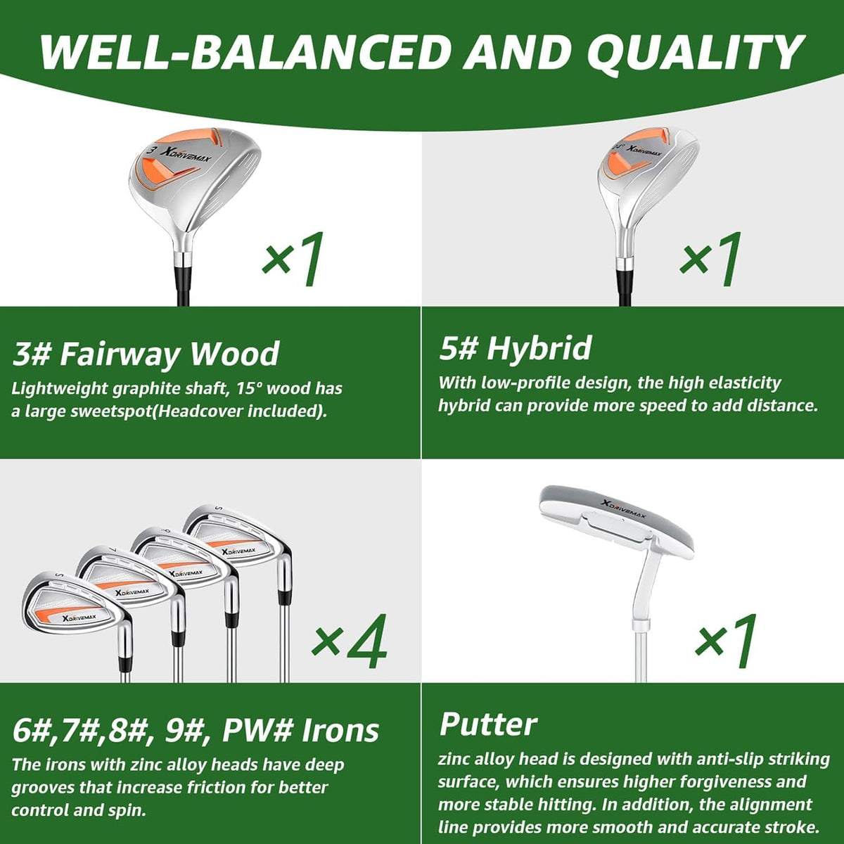 XDriveMax 7-piece women's golf set fairway wood, smooth aerodynamics for easy airborne distance