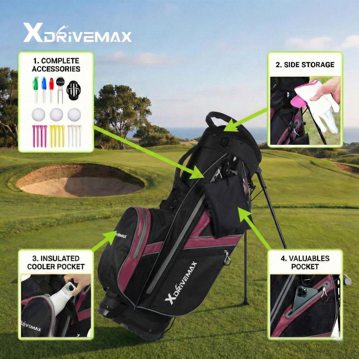 XDriveMax accessory pack with tees, balls, markers, and scorecards included.