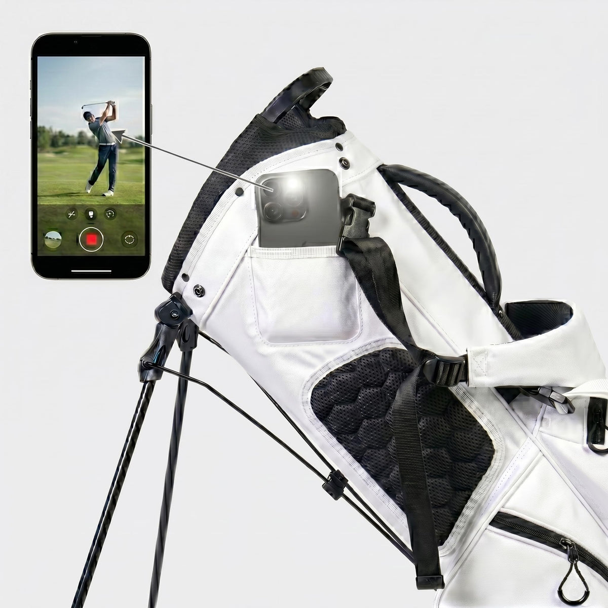 XDriveMax bag with easy-reach pocket showing phone access for swing checks