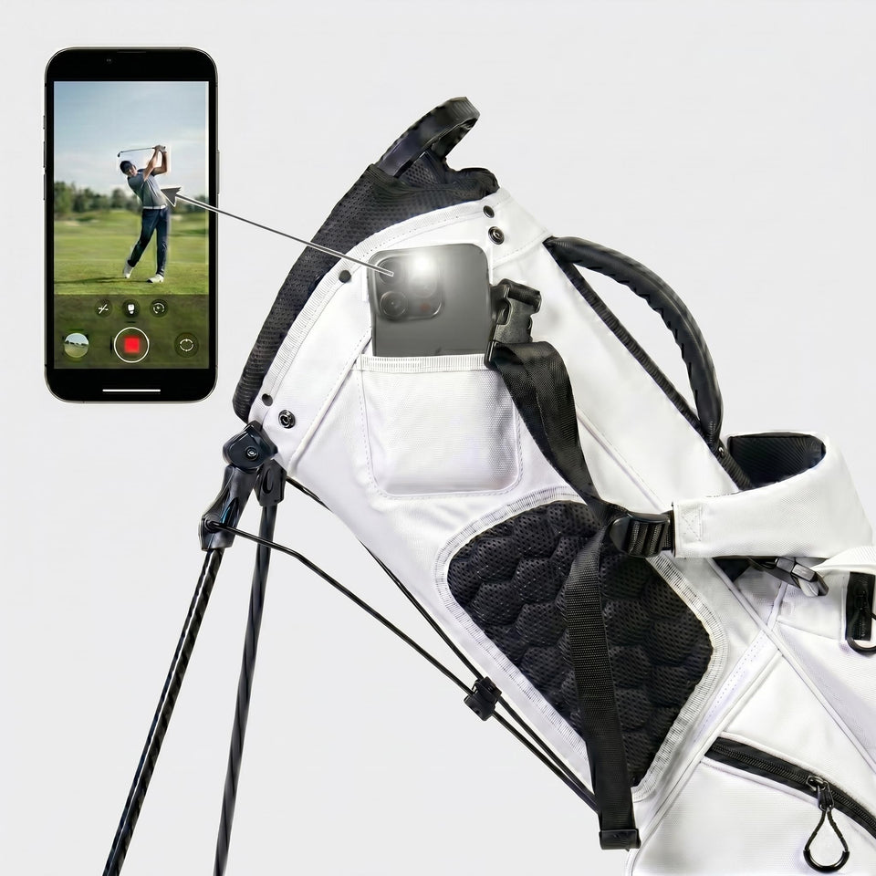 XDriveMax bag with easy-reach pocket showing phone access for swing checks