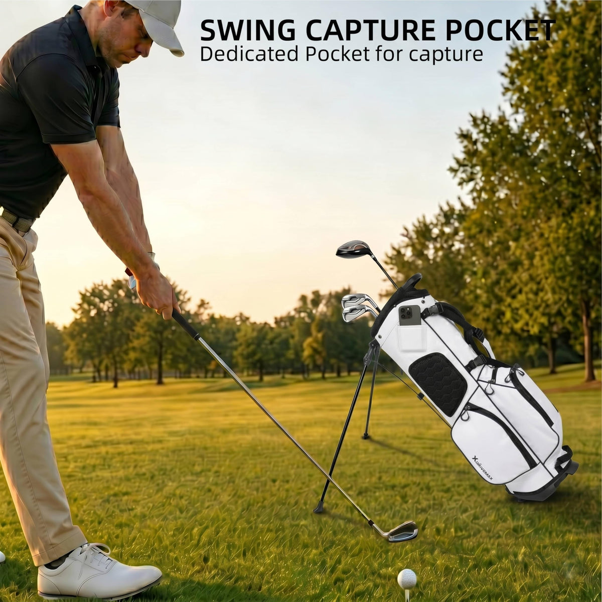 XDriveMax golf bag with five-way dividers organized clubs neatly