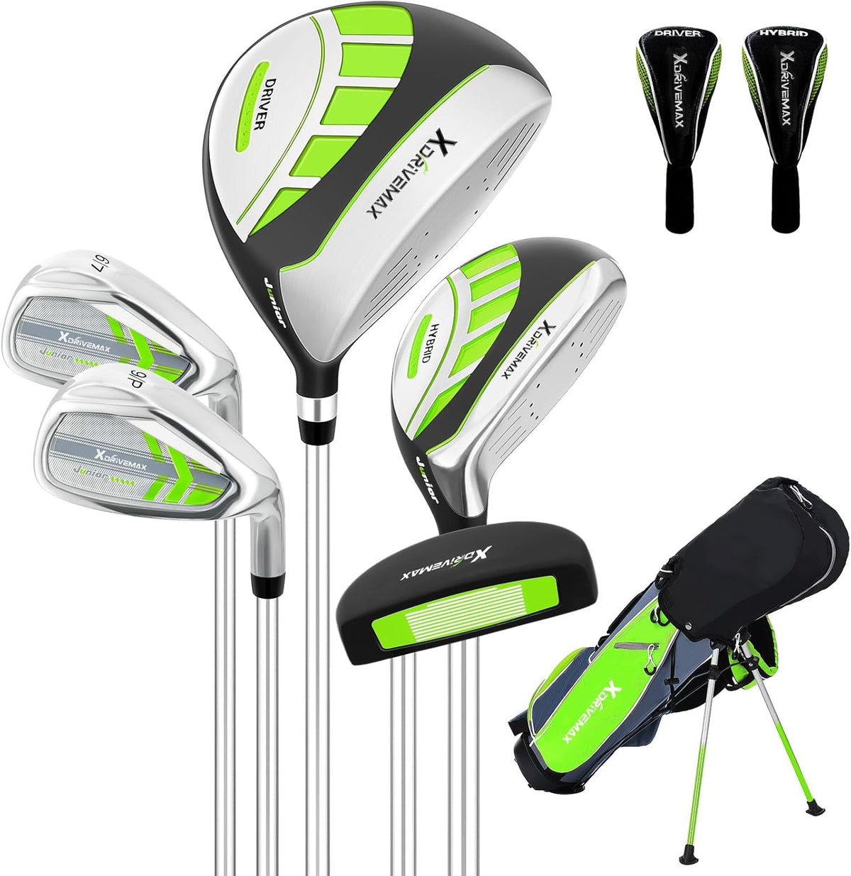XDriveMax golf clubs set 3-6 in green, right-handed, lightweight for easier junior practice