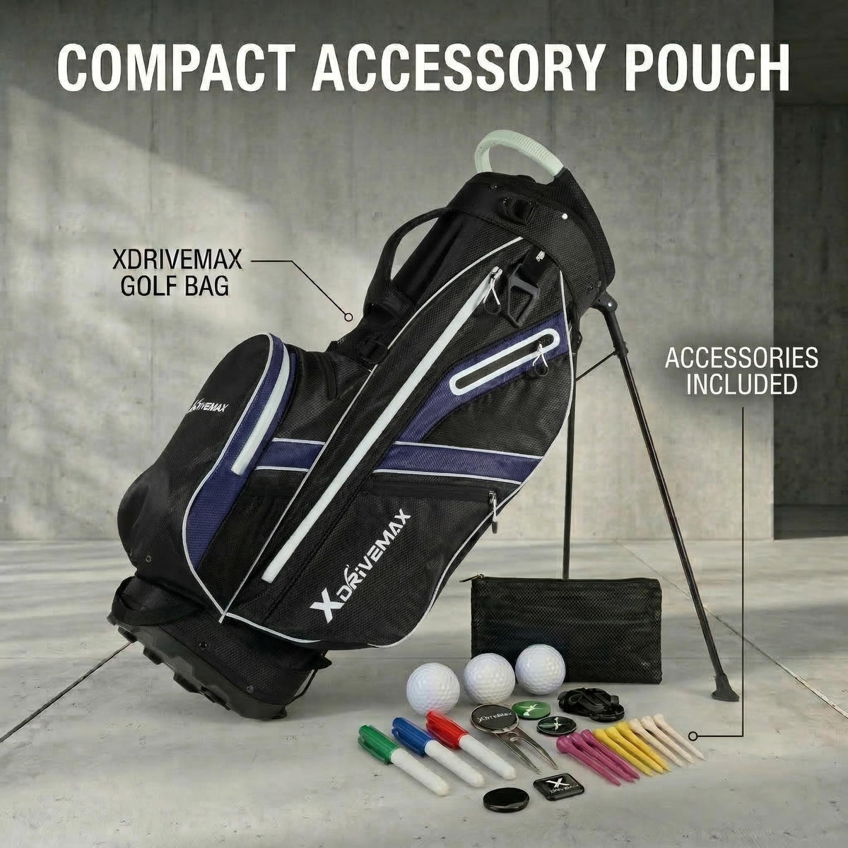 XDriveMax golf stand bag with 8-way top dividers for club organization.