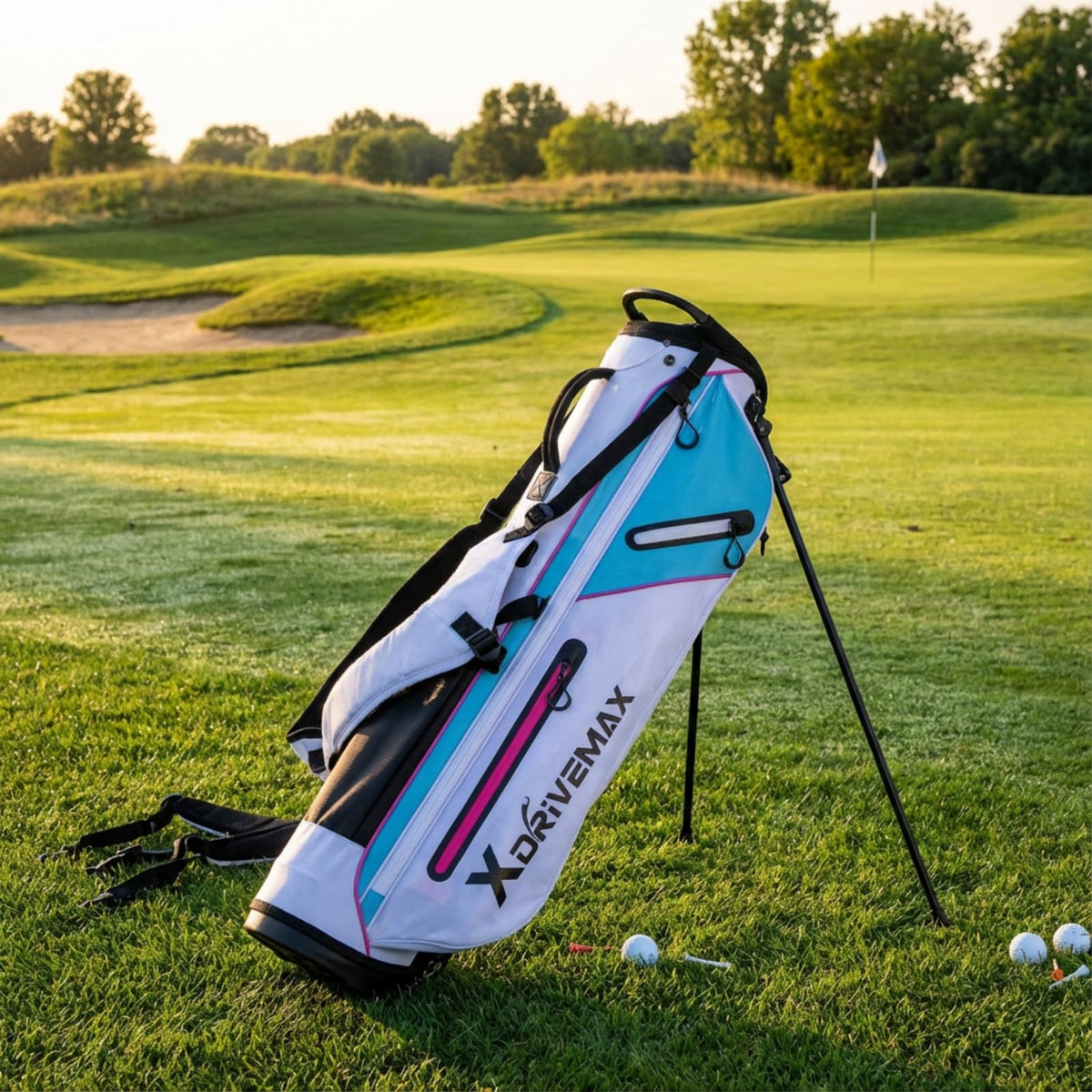 XDriveMax Golf Stand Bag balanced design reduces bulk for easier maneuvering on the course.