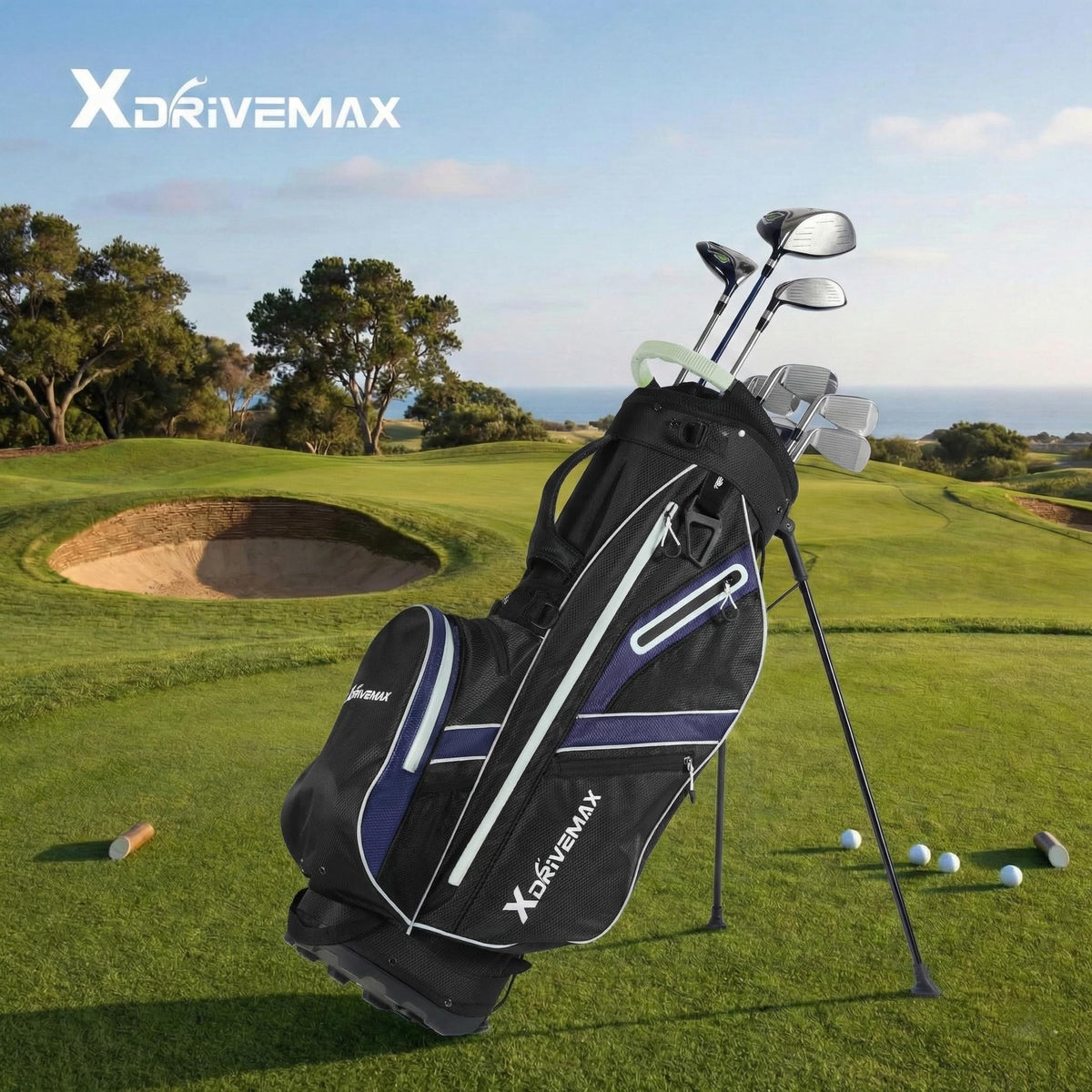 XDriveMax blue golf stand bag emphasizes lightweight design for players