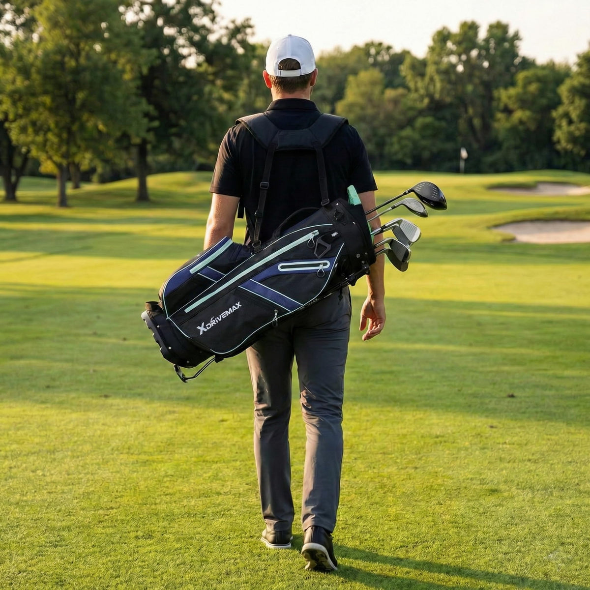 XDriveMax golf stand bag dual strap system reduces shoulder fatigue.