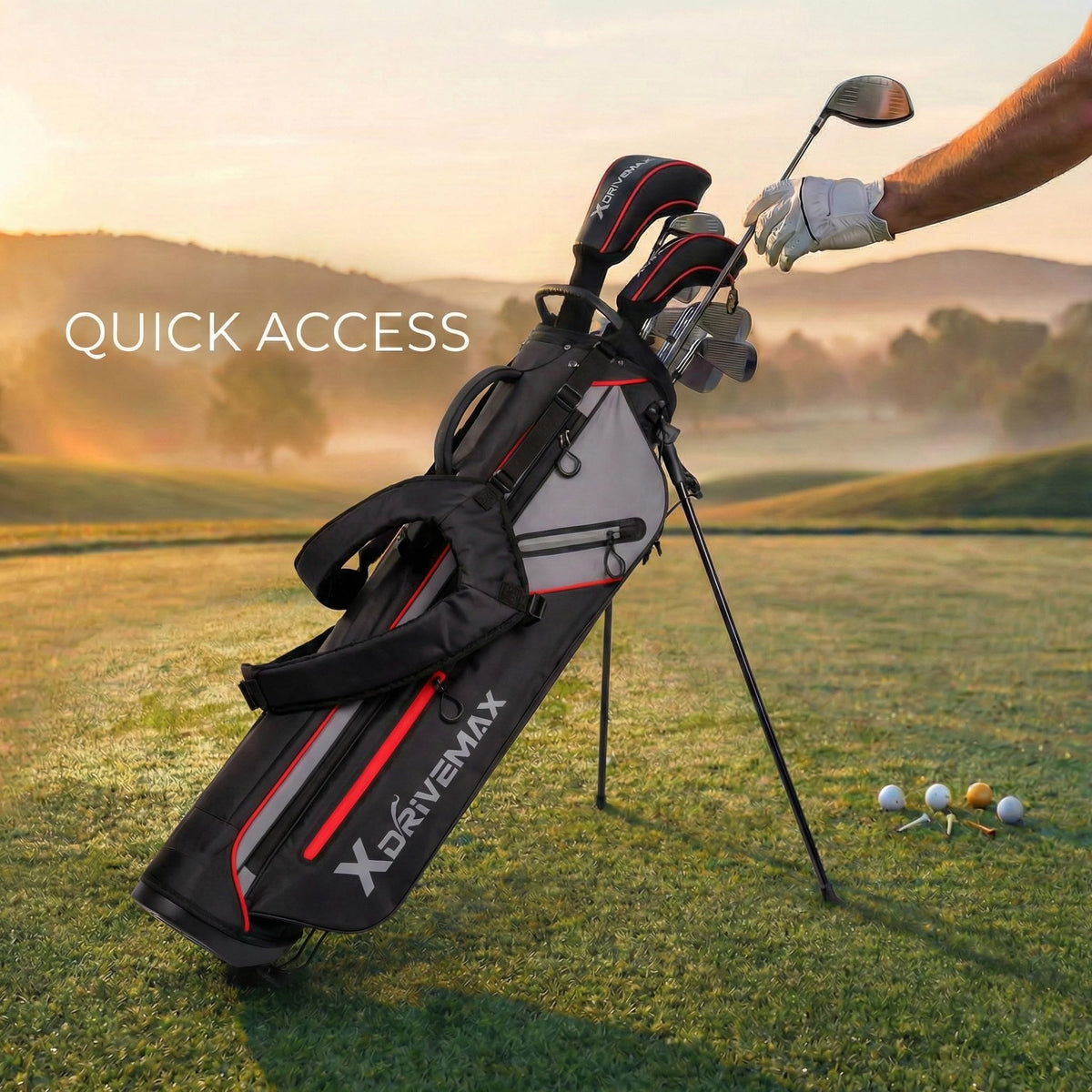 XDriveMax golf stand bag four-way top keeps clubs organized on the course