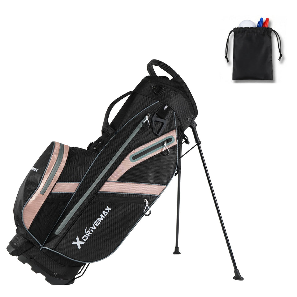 XDriveMax Golf Stand Bag full view in pink, lightweight and portable for on-course use.