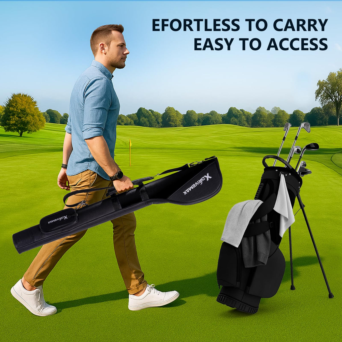 XDriveMax Golf Stand Bag padded strap adds comfortable carrying between holes.