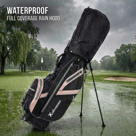 XDriveMax pink bag shows quick-lock stand feature on uneven terrain.