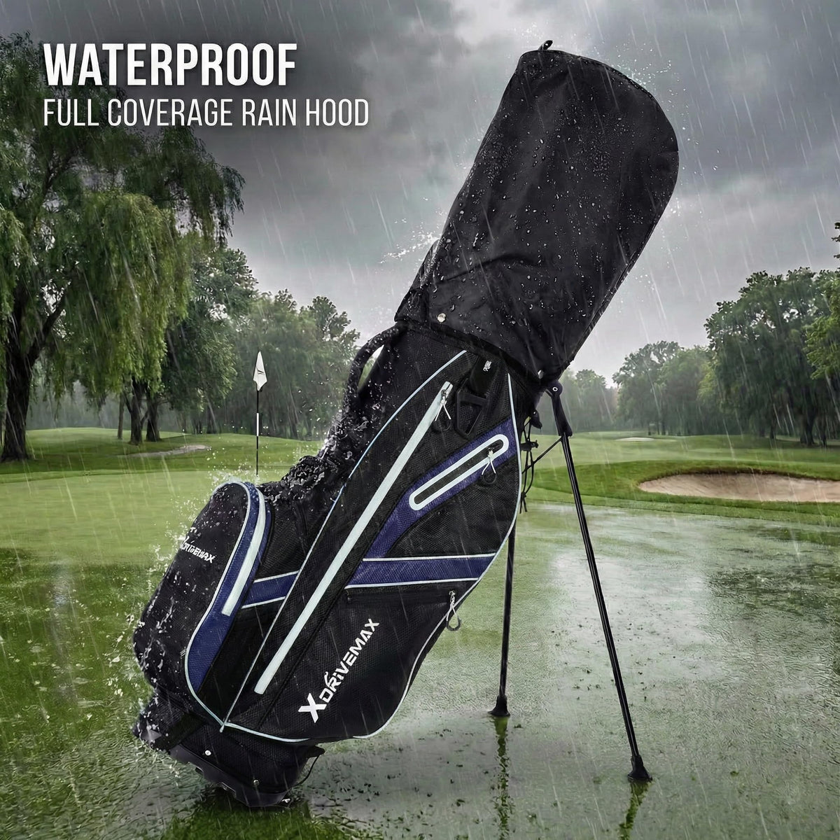 XDriveMax rain cover protecting clubs on a wet day