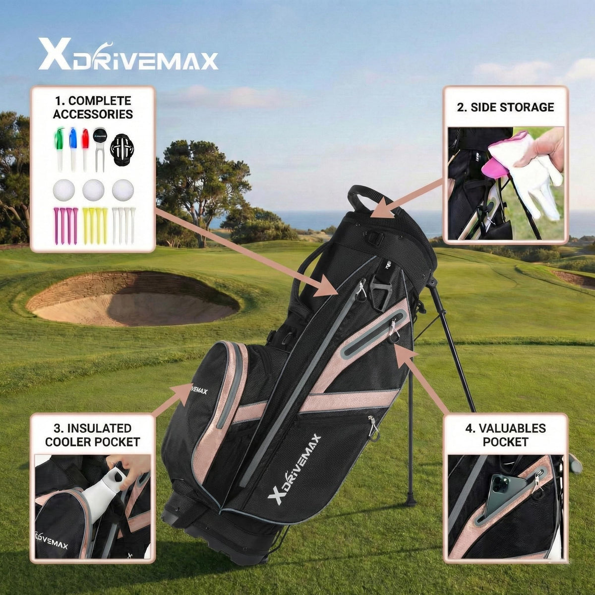 XDriveMax rain cover protects clubs during sudden showers.