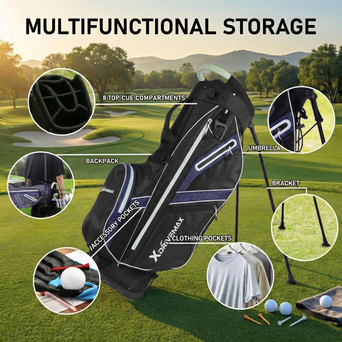 XDriveMax golf stand bag sturdy stand on uneven terrain for stability.