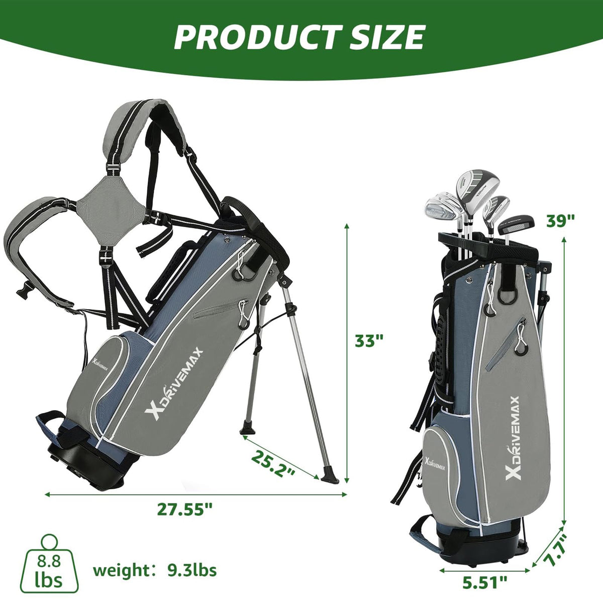 XDriveMax stand bag with hood protects clubs and travels easily.