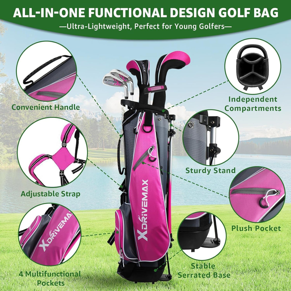 XDriveMax kids set laid out showing all included clubs in one view.