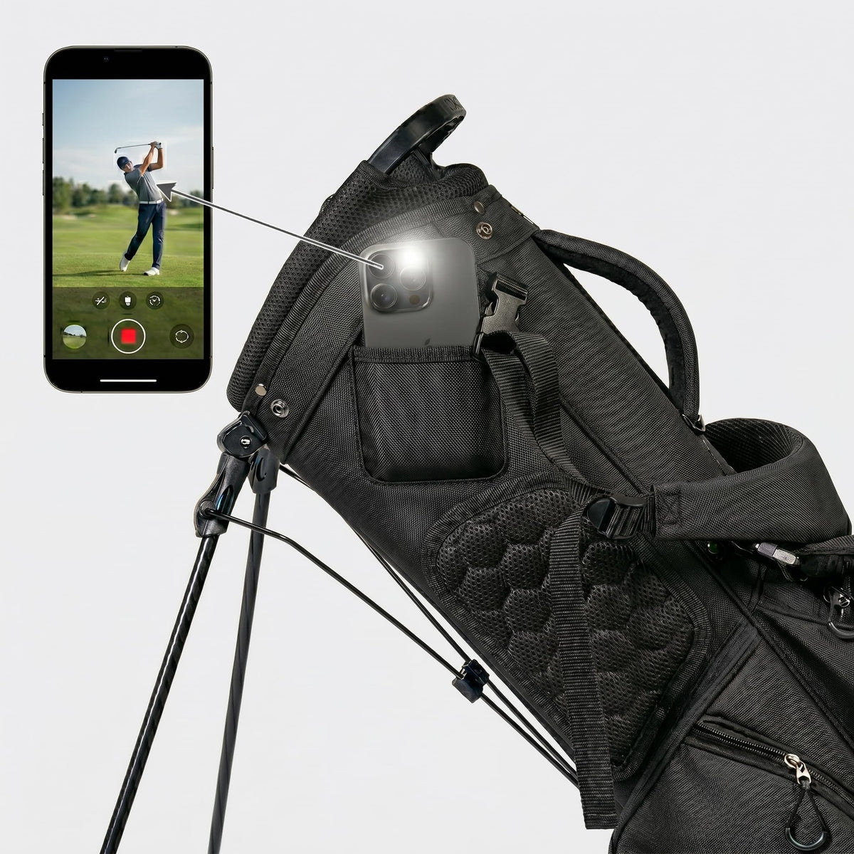 XDriveMax lightweight stand bag front view showing compact, portable design for rounds
