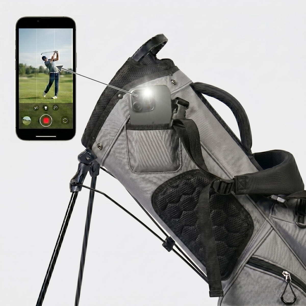 XDRIVEMAX lightweight stand bag with phone pocket for easy swing recording
