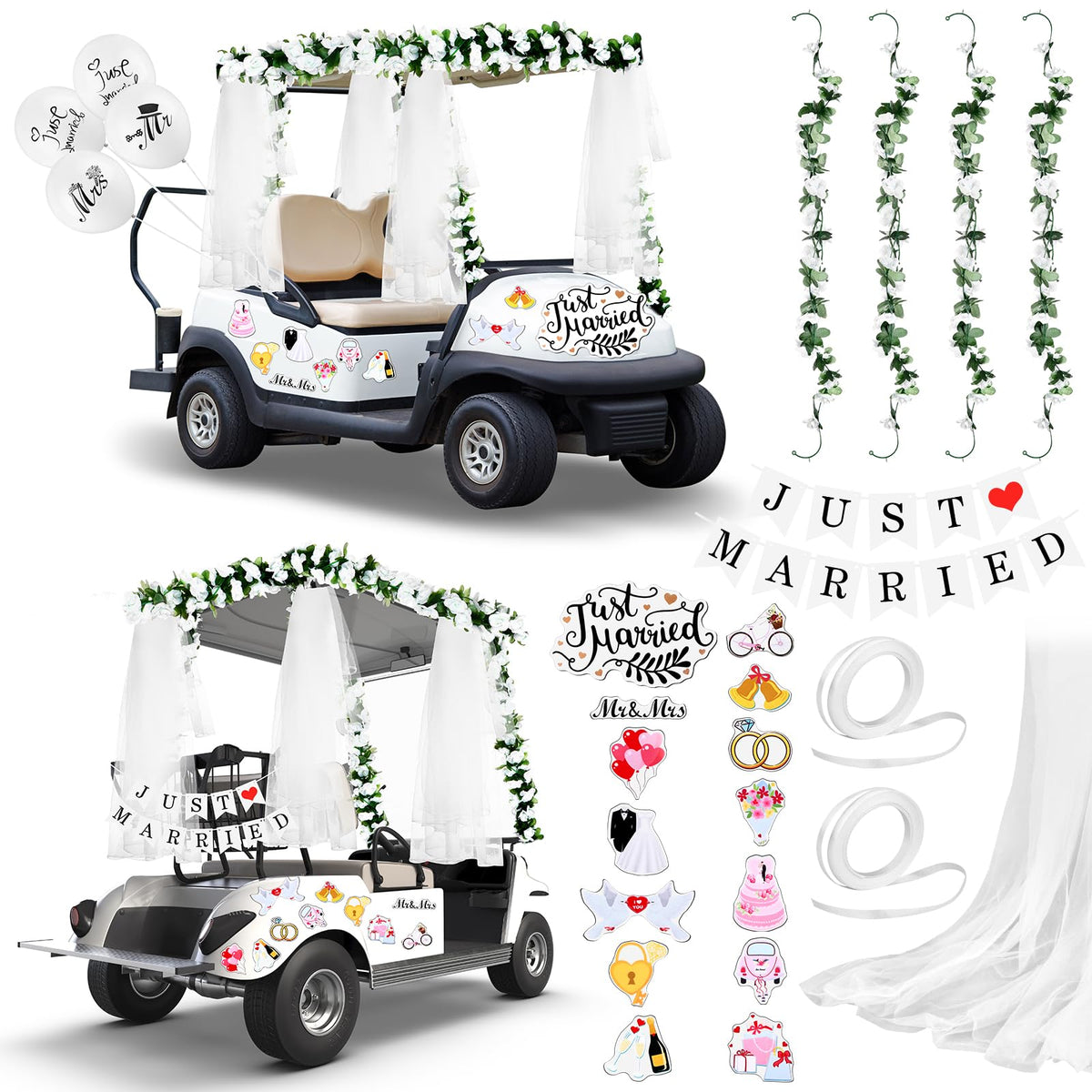 XEQWZVFR Just Married banner on golf cart for wedding photo moments