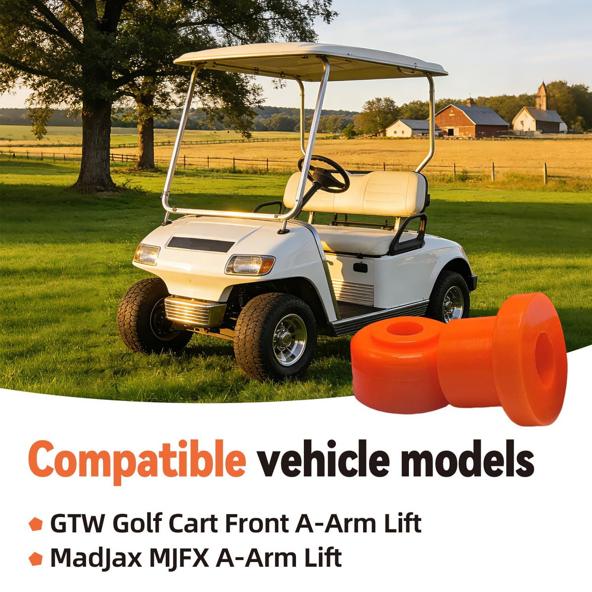 Orange bushings from XFApex on a golf cart arm enhance suspension responsiveness.