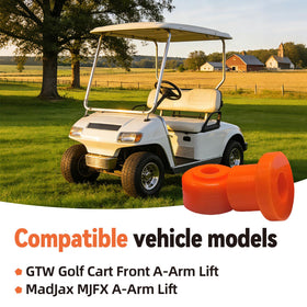 Orange bushings from XFApex on a golf cart arm enhance suspension responsiveness.
