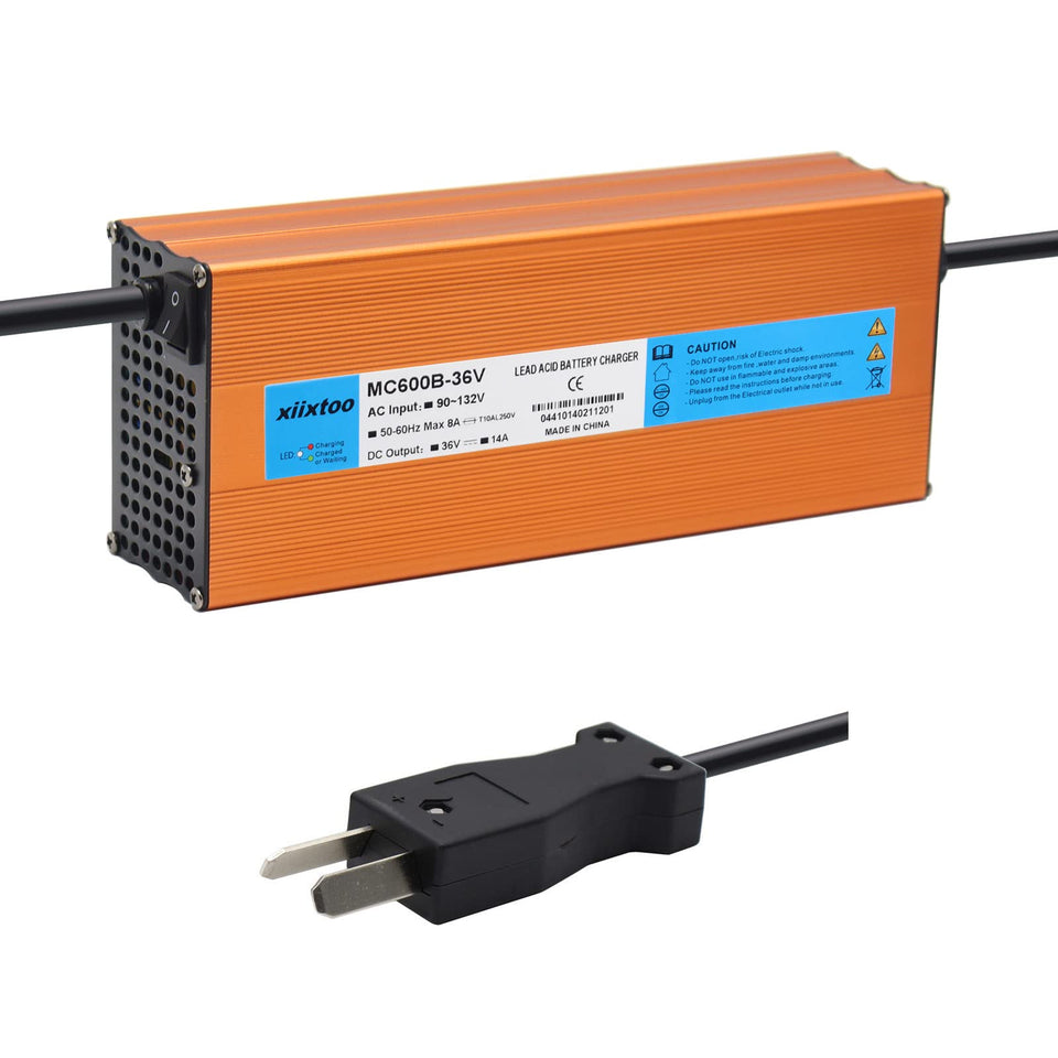 Xiixtoo 36V golf cart charger with crowfoot plug for reliable power.