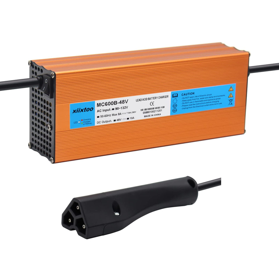 Xiixtoo 48V 10A charger with triangle plug for EZGO RXV/TXT offers quick, safe charging.