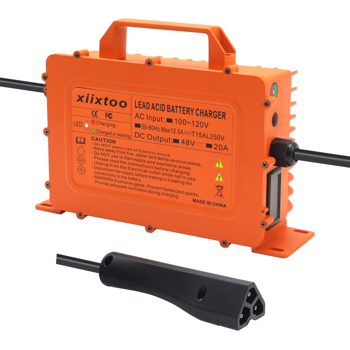 Xiixtoo 48V charger with triangle RXV plug for EZ-GO RXV/TXT carts enables fast, reliable charging.
