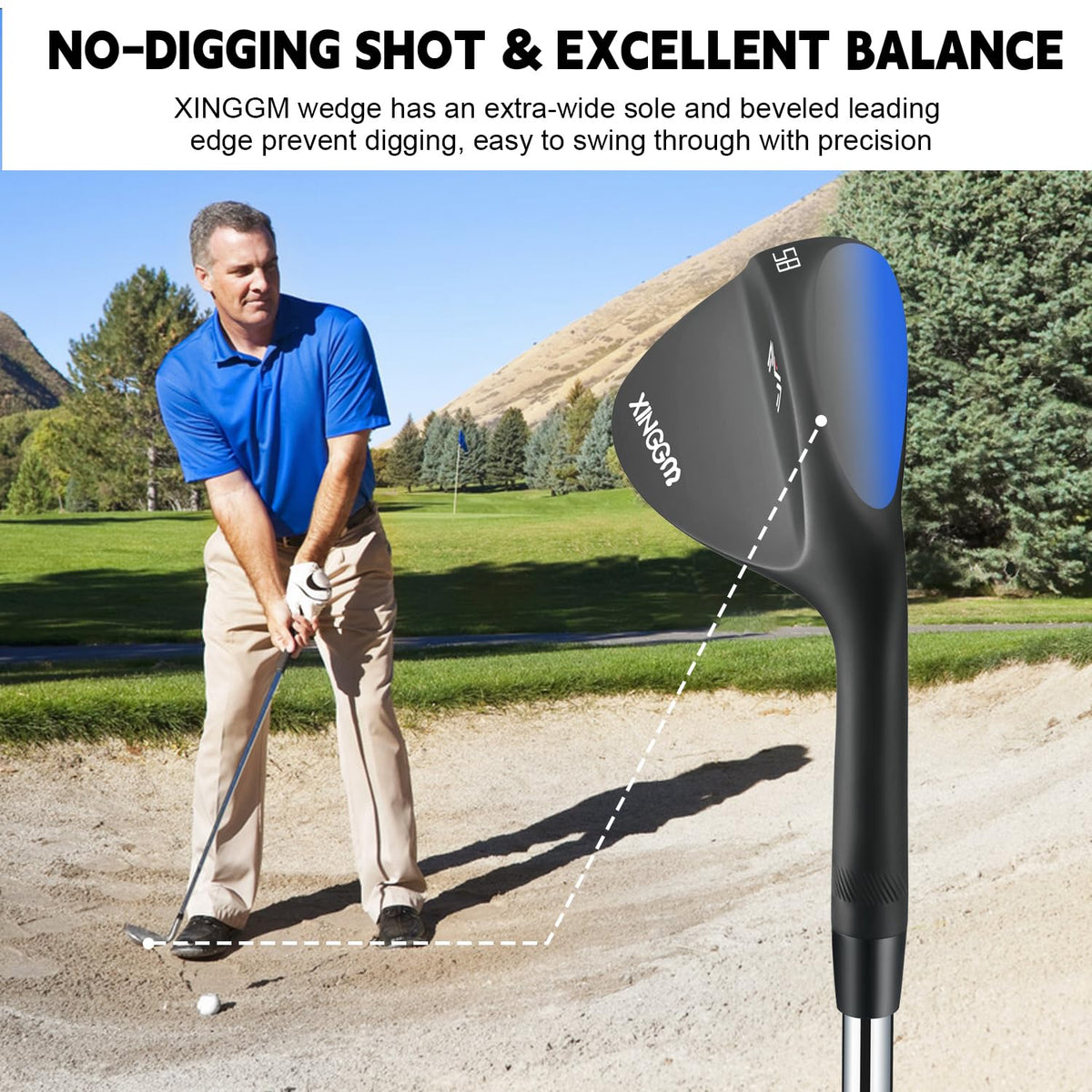 XINGGM forged golf wedge in bunker shows forgiveness from sand.
