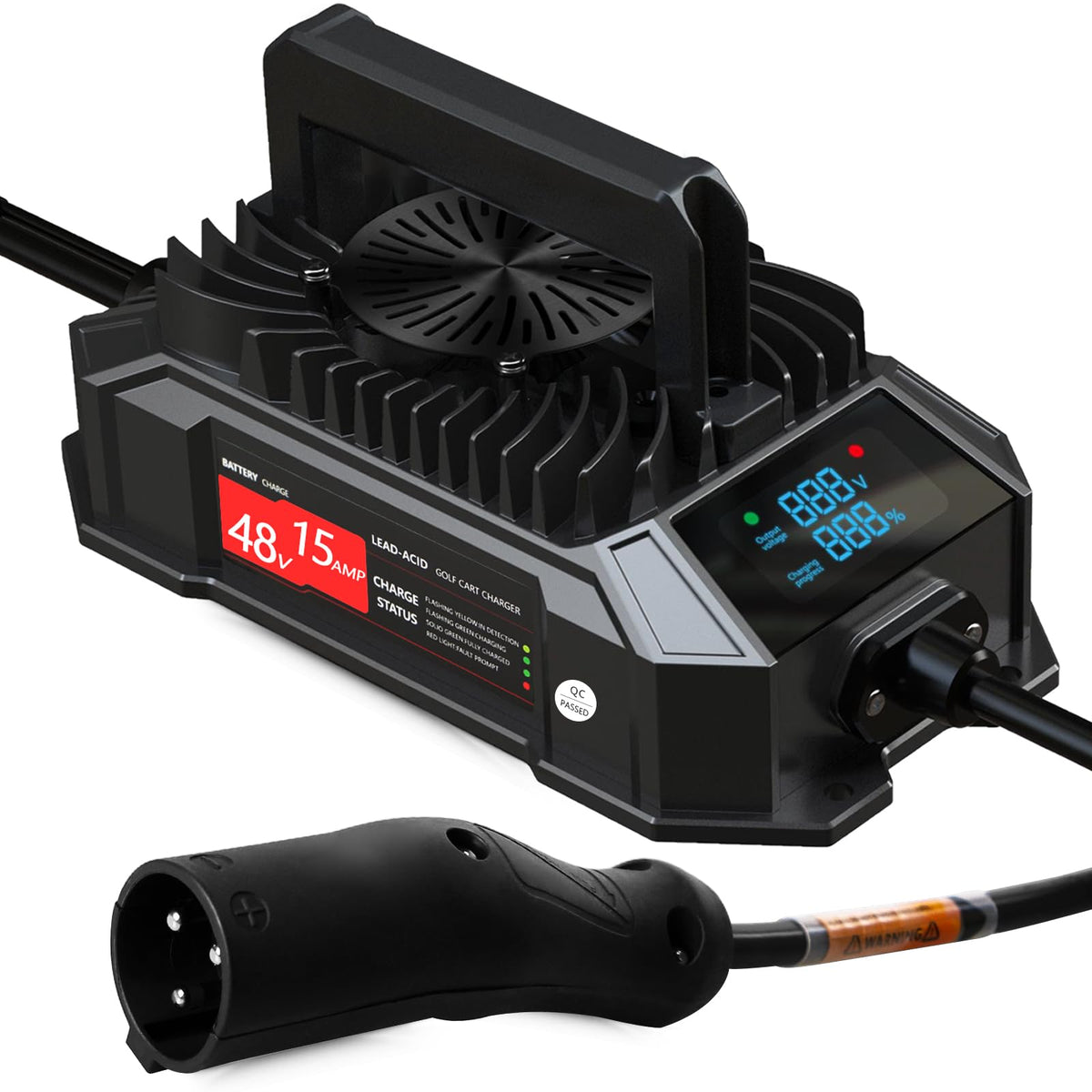 Xislet 15A 48V golf cart charger with round plug on cart for fast, reliable charging.