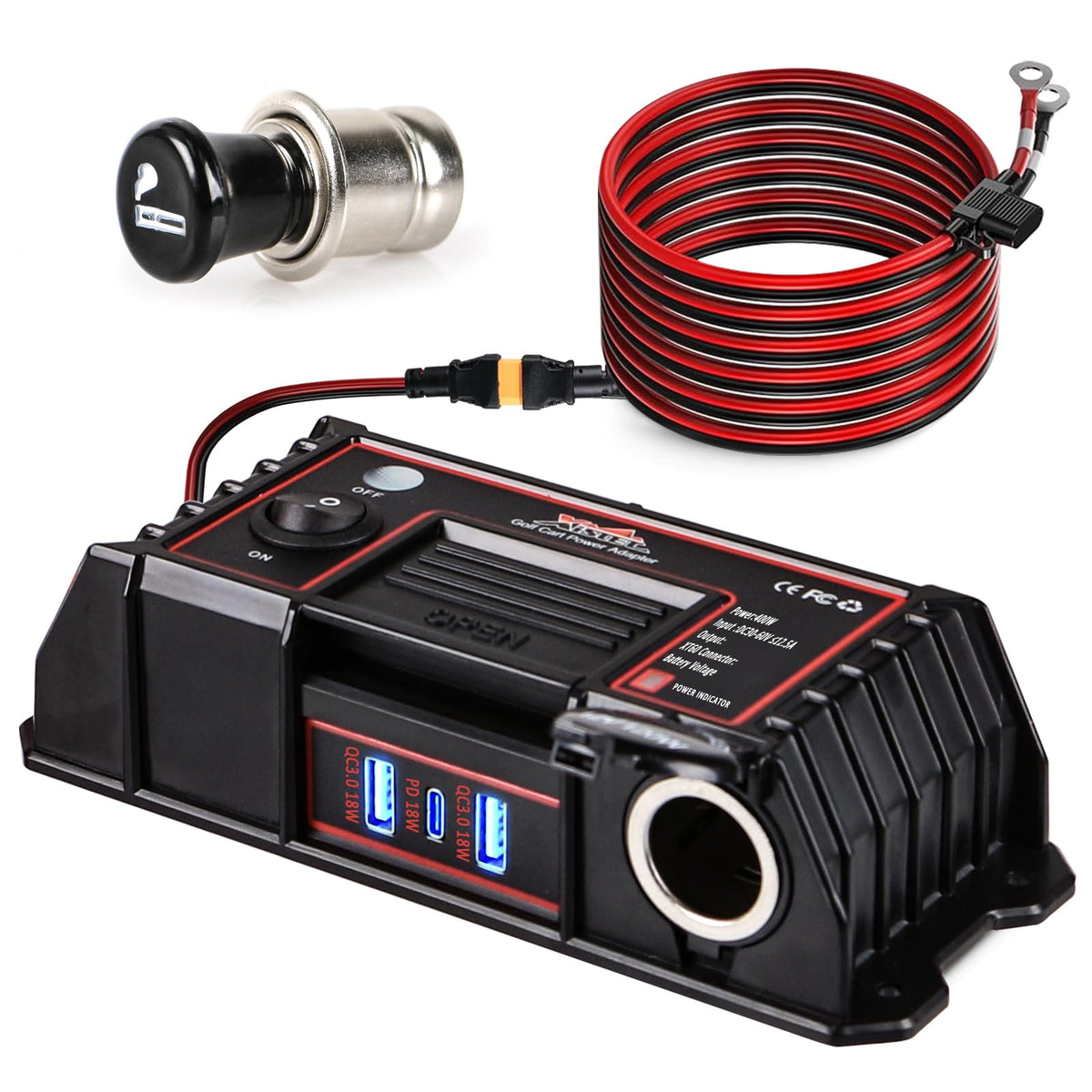 Xislet 400W golf cart power adapter with XT60 outputs powering heavy accessories.