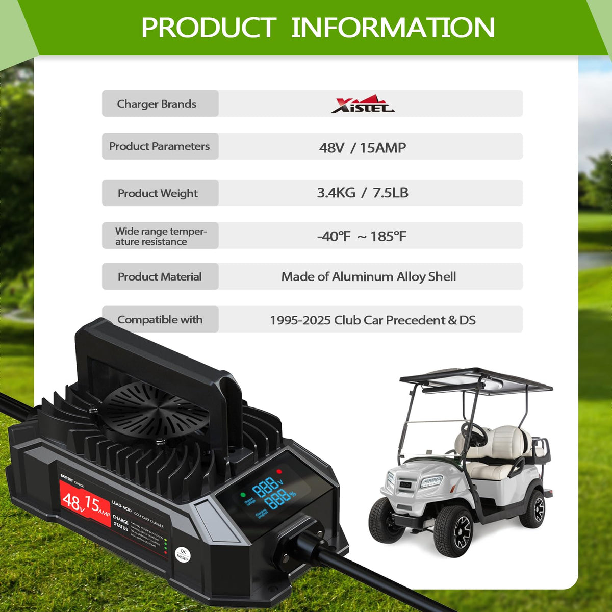 Xislet compact black charger blends with Club Car styling.
